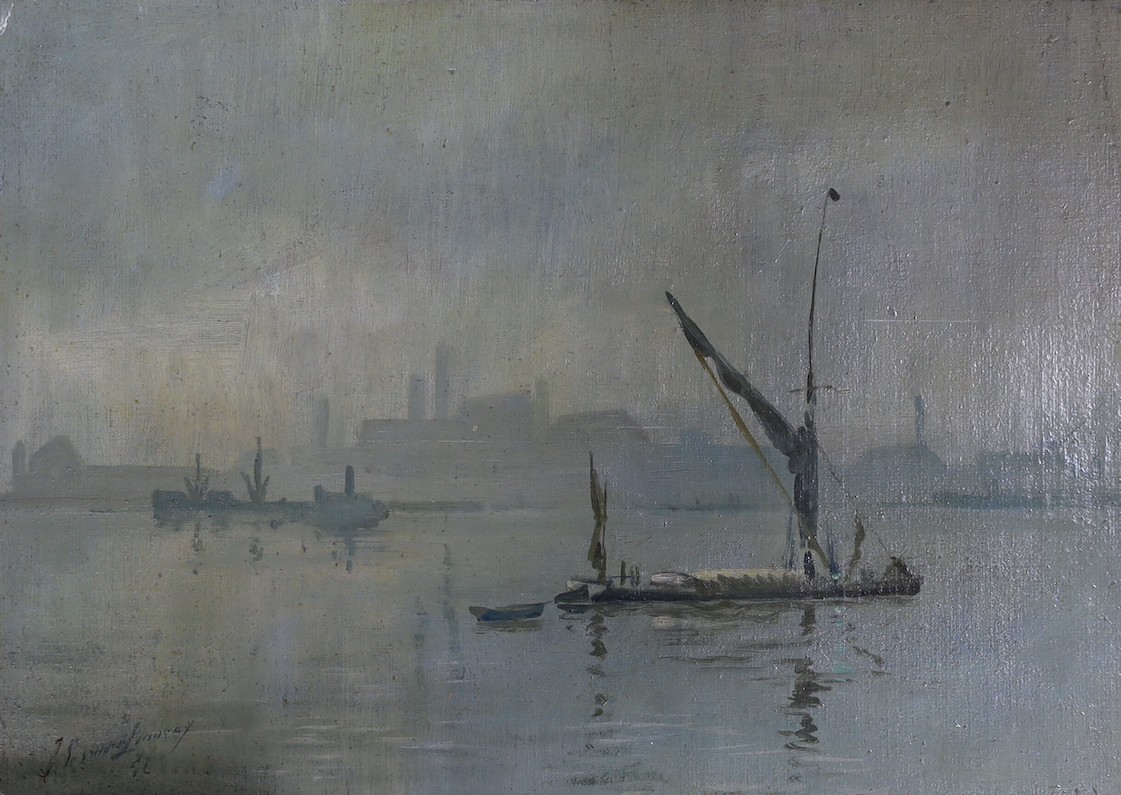 J. Seymour Lindsay, oil on card, The Thames at Wapping, signed, 28 x 38cm, unframed, together with a 19th century oil of shipping and a small Flemish oil on panel of figures and a donkey
